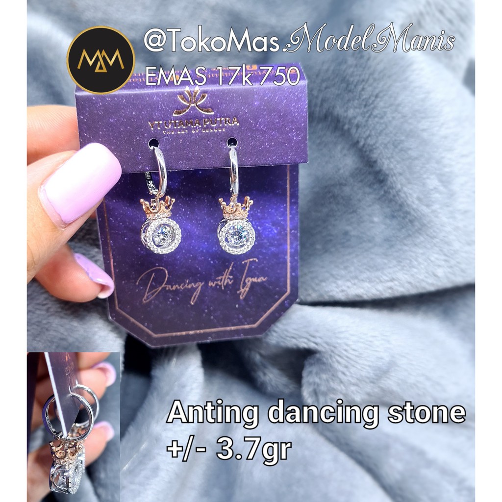Anting jepit bulat dancing stone with igun emas putih 750 kadar 17K