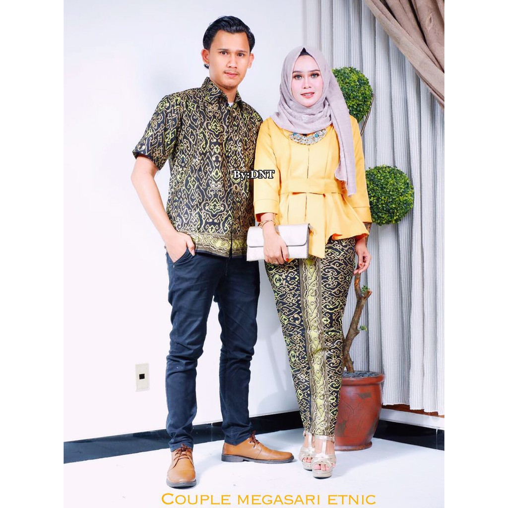 Batik Couple Sarimbit modern Megasari Etnik - Warna Pink, Tosca, Biru, Kuning - M L XL