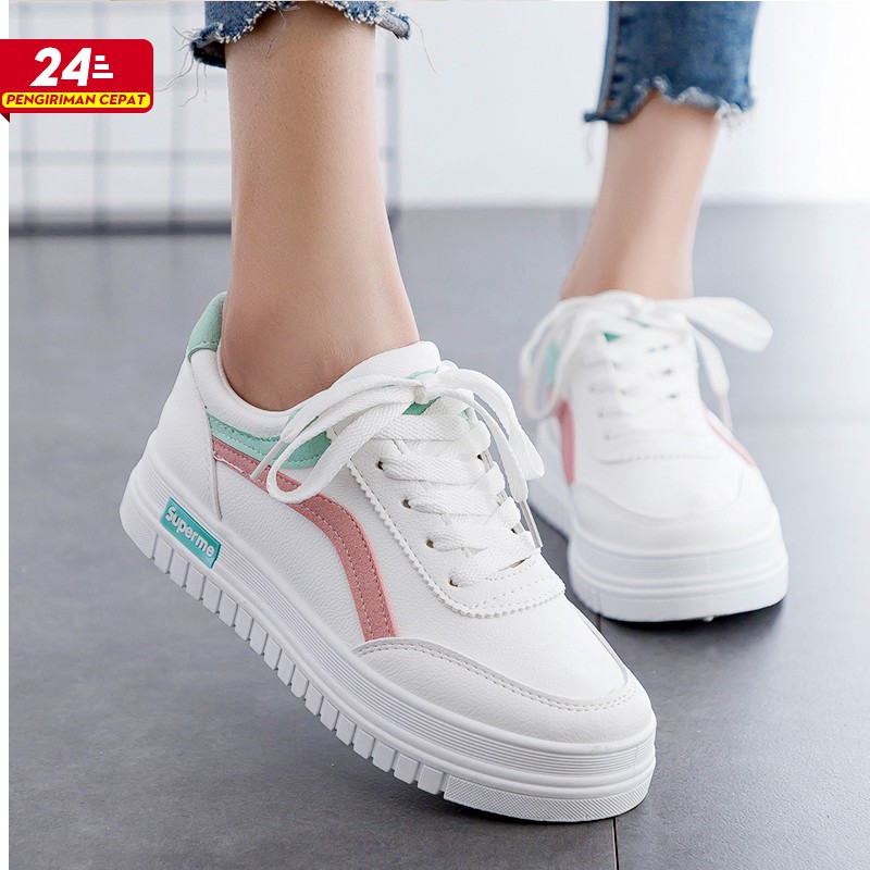 【CUCI GUDANG】Sepatu Sneakers Wanita Kasual Model Simpul Tali Aksen List Warna untuk Wanita size 35-40