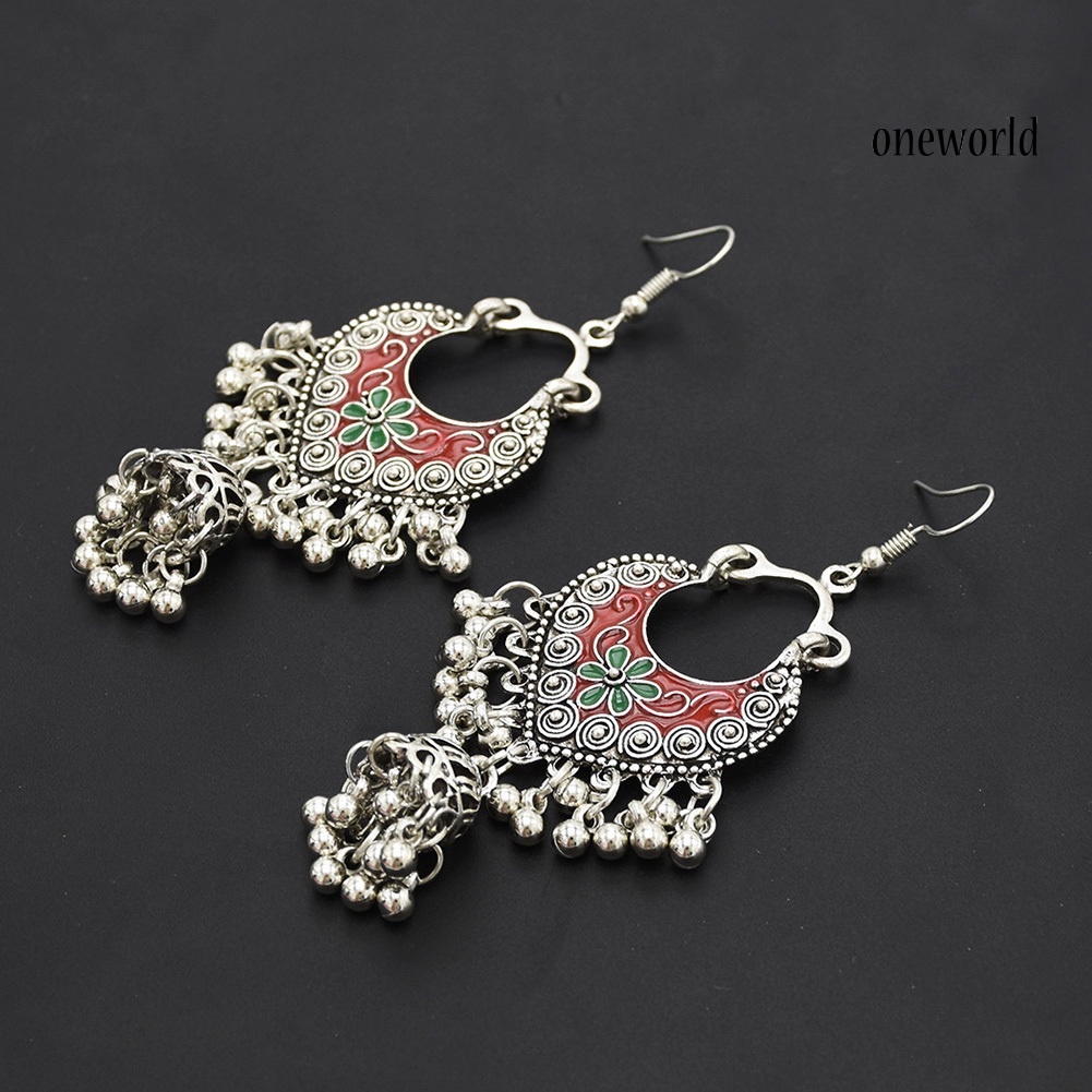 OW@ Retro Bohemian Women Flower Round Balls Tassel Dangle Hook Earrings Jewelry