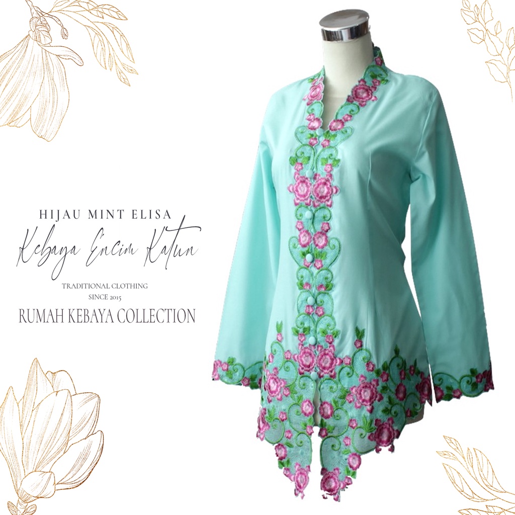 Kebaya Encim Kartini Katun Bordir Modern Hijau Mint Elisa Lengan Panjang Jumbo