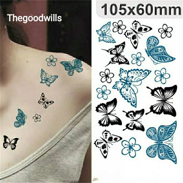 Tattoo Temporary Blue Butterfly Flower Tatto Temporer Kupu Kupu Biru Tato Bunga Hitam Tatoo Black