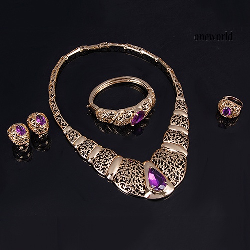 OW@ Luxury African Style Teardrop Rhinestone Hollow KC Gold Plated Lady Jewelry Set