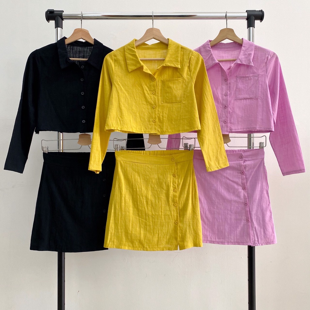 IMPORT Linen Crop Shirt & Slit Skirt Summer Set SET6323