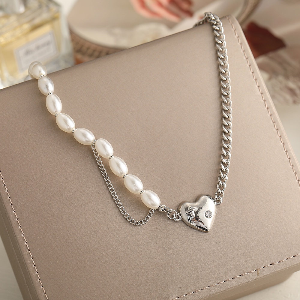 IFYOU Fashion Pearl Silver Necklace Crystal Heart Pendant Necklace Chain Choker Women Jewelry Accessories