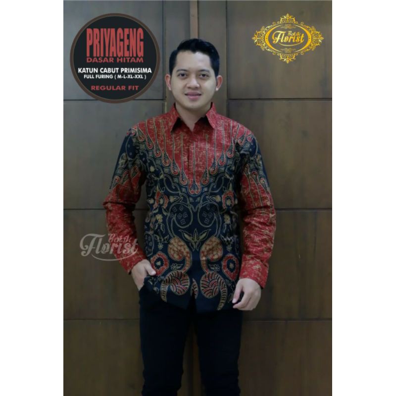 Kemeja Batik Lengan Panjang Warna Merah Hitam Batik Lapis Furing Terbaru PRIYAGENG