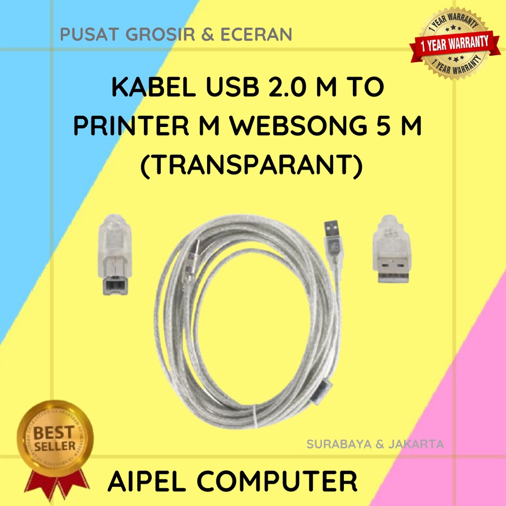 ABW5 | KABEL USB 2.0 MALE TO PRINTER MALE WEBSONG 5 M (TRANSPARANT)