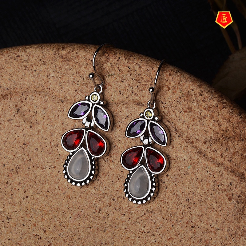 [Ready Stock]New Inlaid Colorful Gem Moonstone Earrings