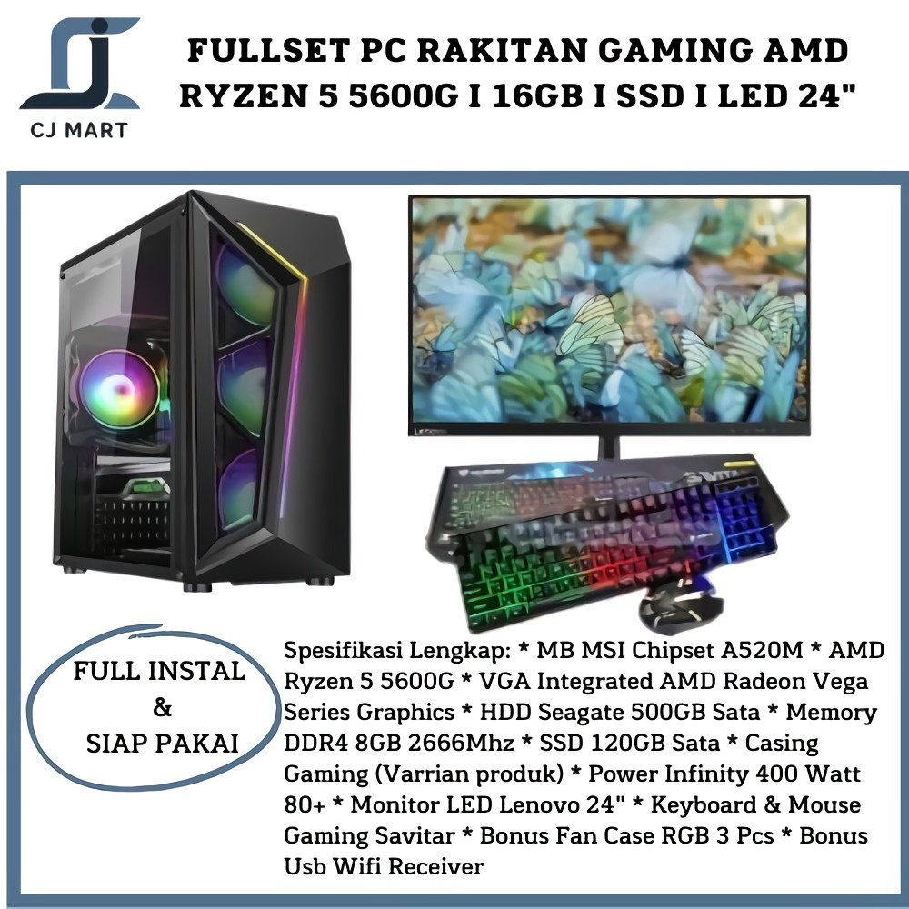 FULLSET PC RAKITAN GAMING AMD RYZEN 5 5600G I 16GB I SSD I LED 24&quot;