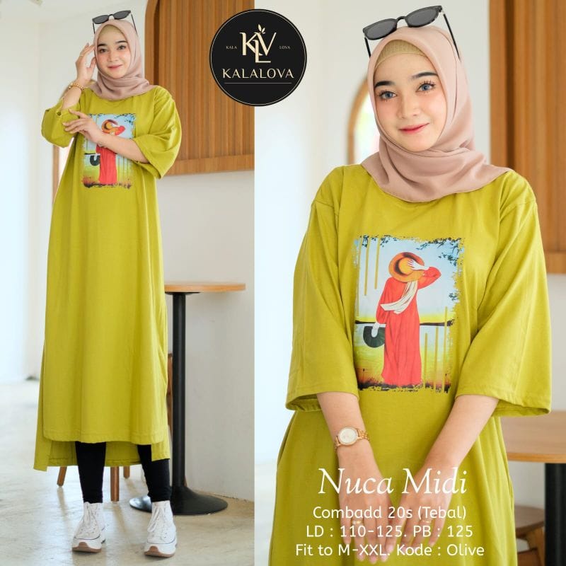 Pakaian Muslim Wanita Terbaru Nuca Midi Dress Jumbo Baju Remaja Perempuan Midi Dress Combed 20s Aksen Sablon