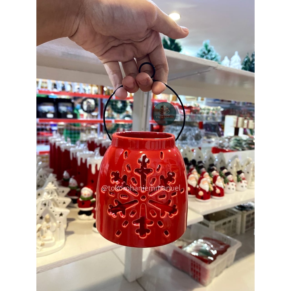 Tempat Lilin Natal Keramik Merah / Hiasan Natal