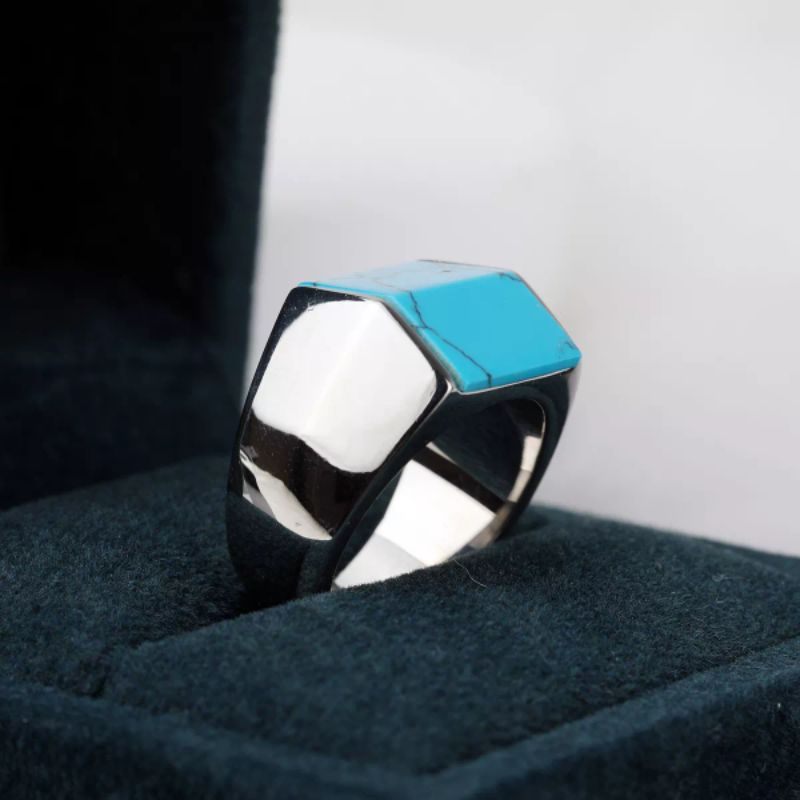 Cincin Batu Pirus Keren Unik Kekinian Ring Titanium Stainless Steel Asli Gemstone Toska Torquoise