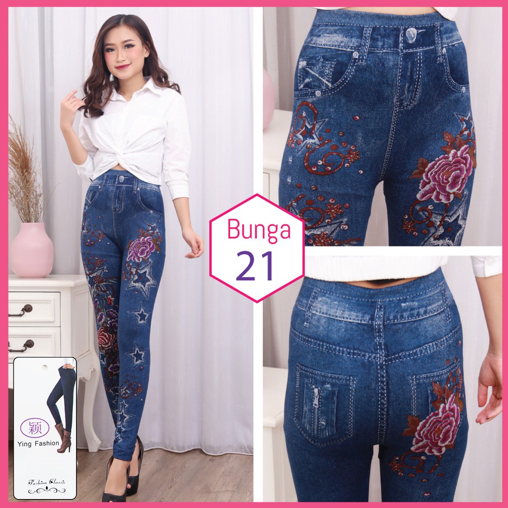 legging Jeans Bunga # 21 / Legging Bunga Wanita / legging Wanita