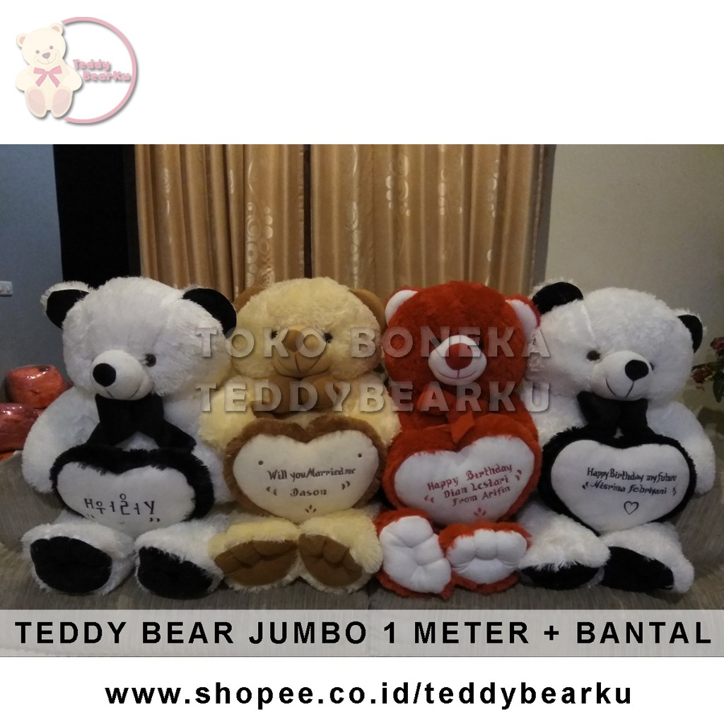 BONEKA TEDDY BEAR JUMBO 1 METER WARNA PUTIH HITAM (WINTER) + BANTAL