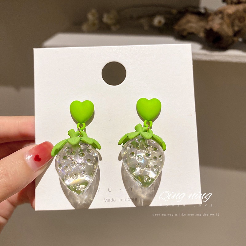 Korea 925 Silver Fashion Exaggerated Personality Green Love Strawberry Fresh and Sweet Earrings