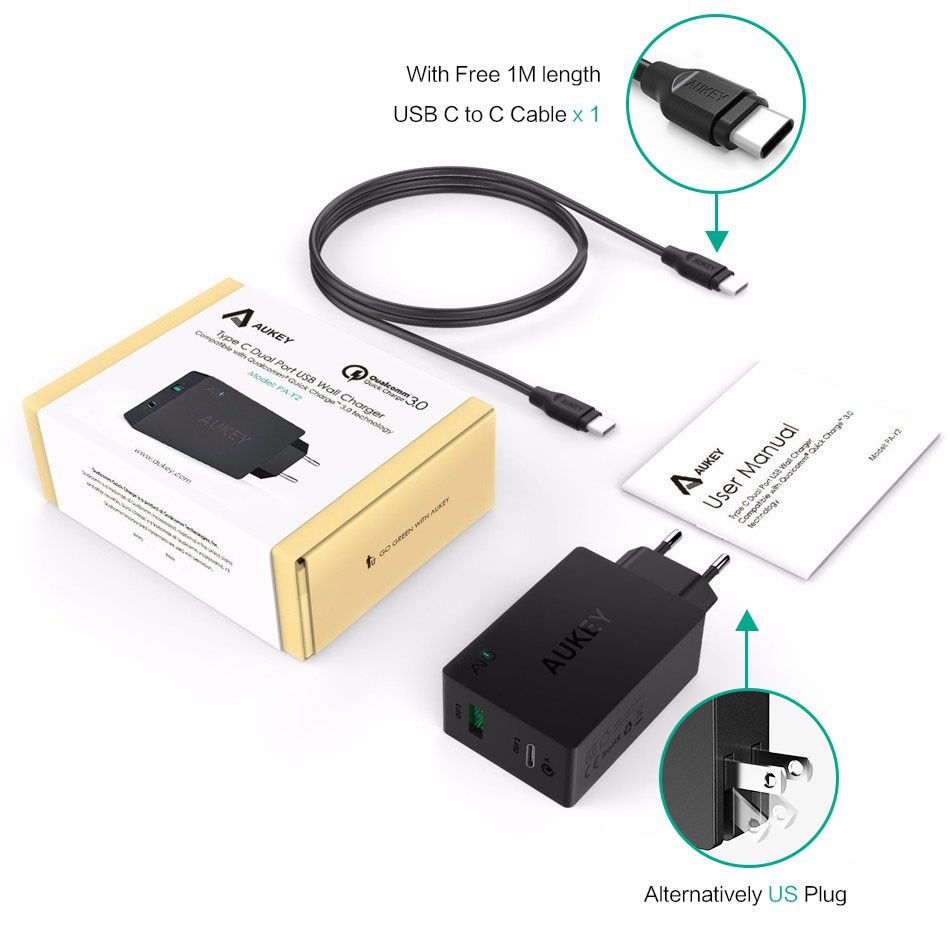 AUKEY PA-Y2 - Desktop Wall Charger - USB Port and Type-C - Support QC3.0