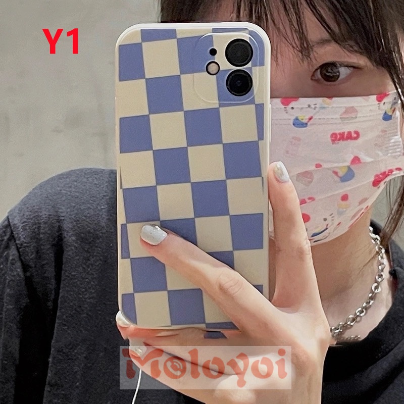 Soft Case Silikon Tpu Motif Kotak-Kotak Biru Untuk IPhone 7 8 Plus 13 12 11 Pro Max 6 6s Plus X XS Max XR SE 2020