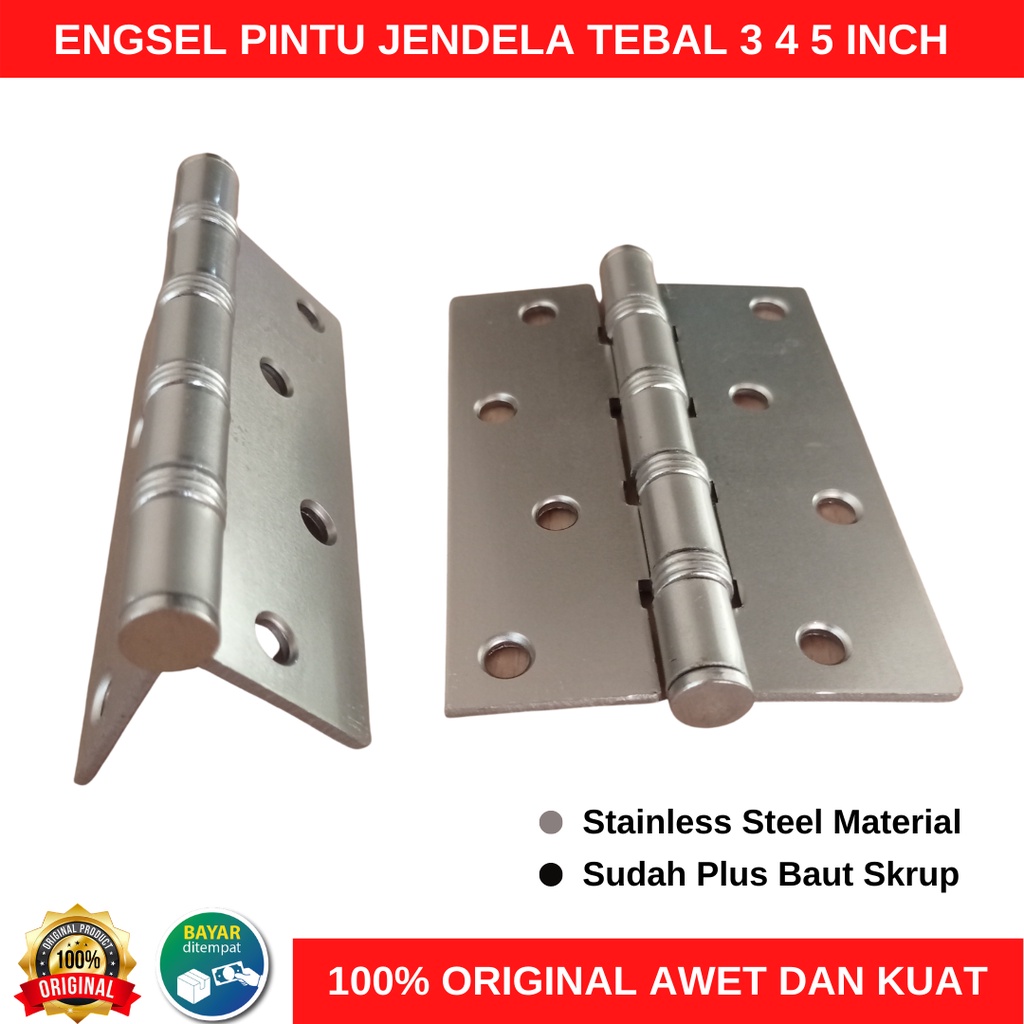 Engsel Pintu Jendela Tebal 4 Inch Stainless Gomeo Engsel Pintu Rumah 4&quot; Inci Solid Plat Besi Warna Putih Silver Crome Kuat Awet