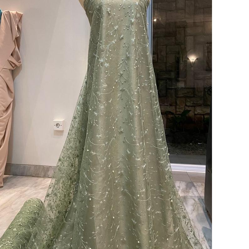 ✰ Bahan Kain Brokat Brukat Tile Mutiara Lotus New Series Warna Hijau Sage Green ☊