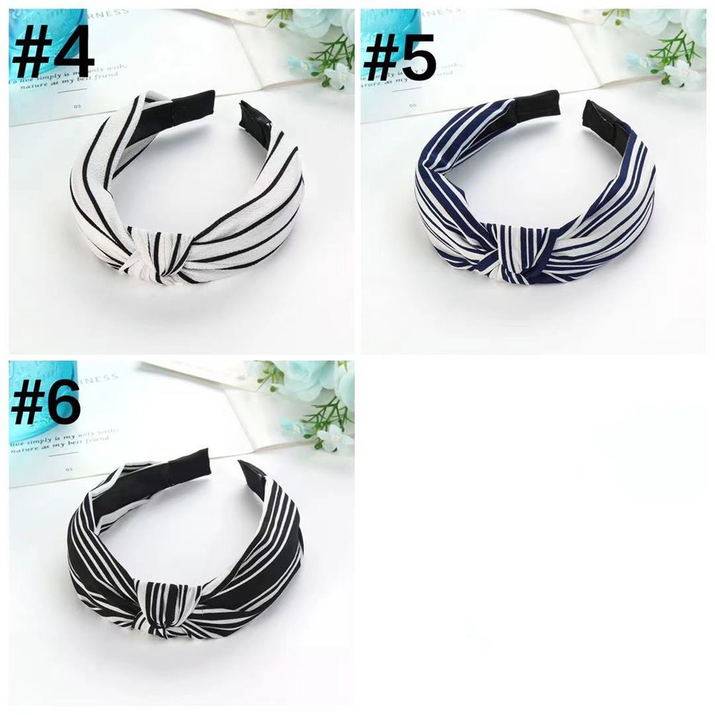 Headband Bando Korea Style Bandana Polos Bando Kain Motif Garis-Garis Bando Simpul Import