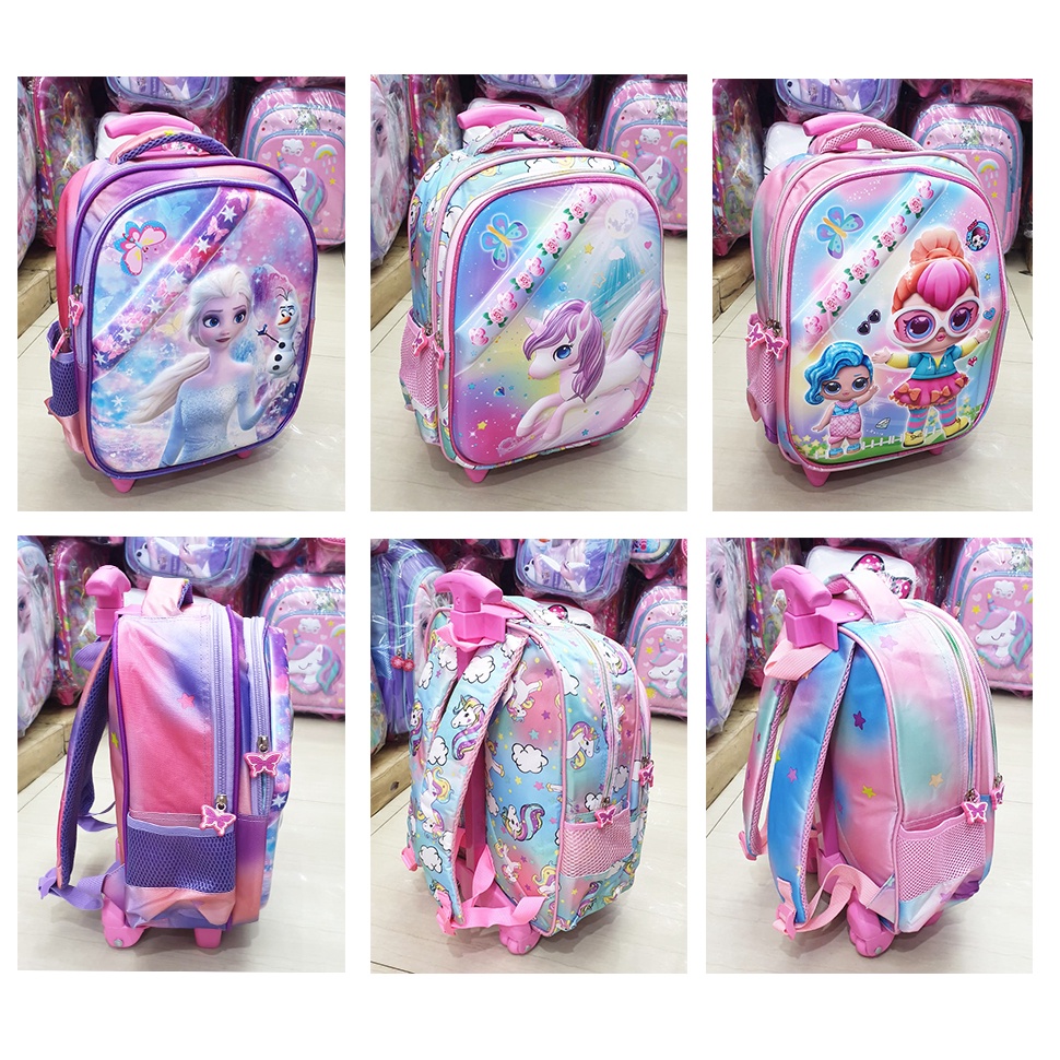 Tas Trolley DORONG Sekolah TK Anak Perempuan Gambar KUDA PONY ROSE SHOES 2Resleting GLOSSY TIMBUL IMPORT ( Rose 13&quot; )