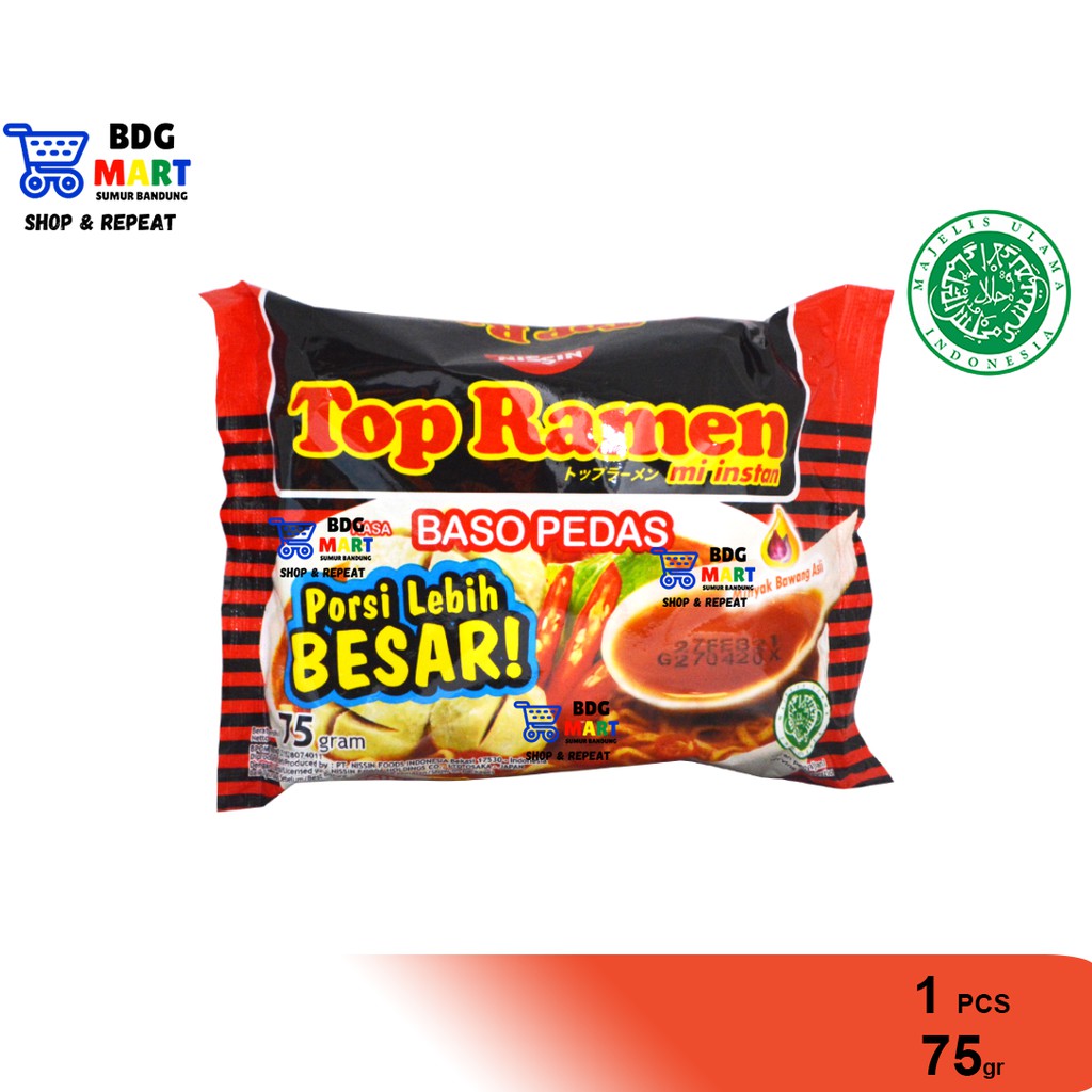 

ECER Top Ramen Baso Pedas Mie Instan Kuah Produk Nissin Halal - 75gr