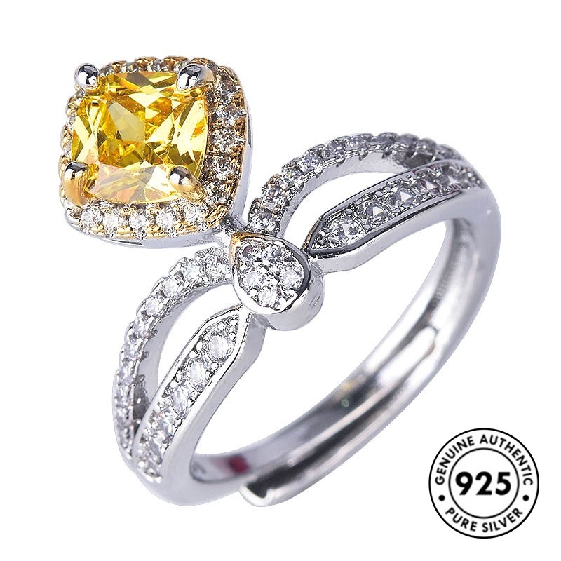 Cincin S925 Silver Bentuk Kotak Aksen Berlian Warna Kuning