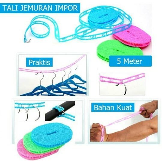 TALI JEMURAN GANTUNGAN BAJU SERBAGUNA PANJANG 5 METER - WARNA ACAK