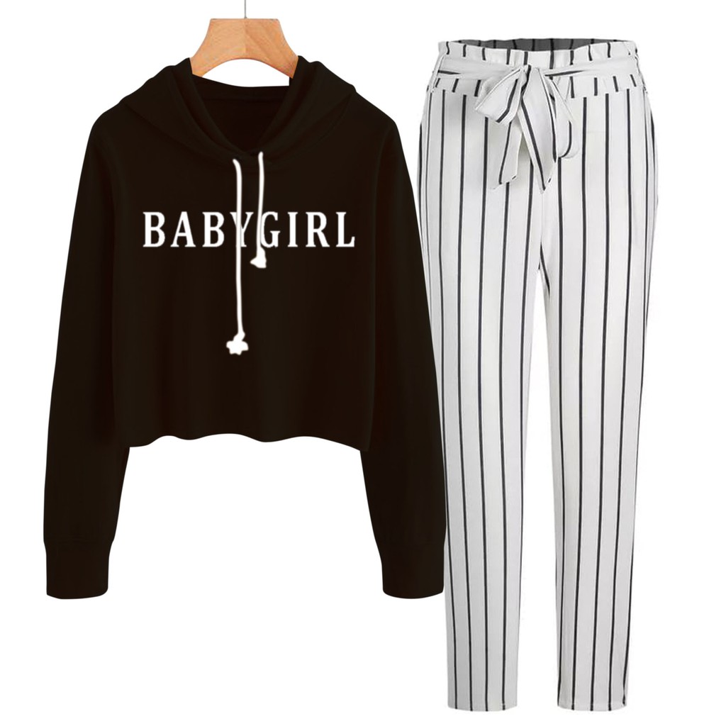 BESS - Baju Setelan Wanita Murah / Setelan Hoodie Crop + Celana Salur Putih - BABYGIRL