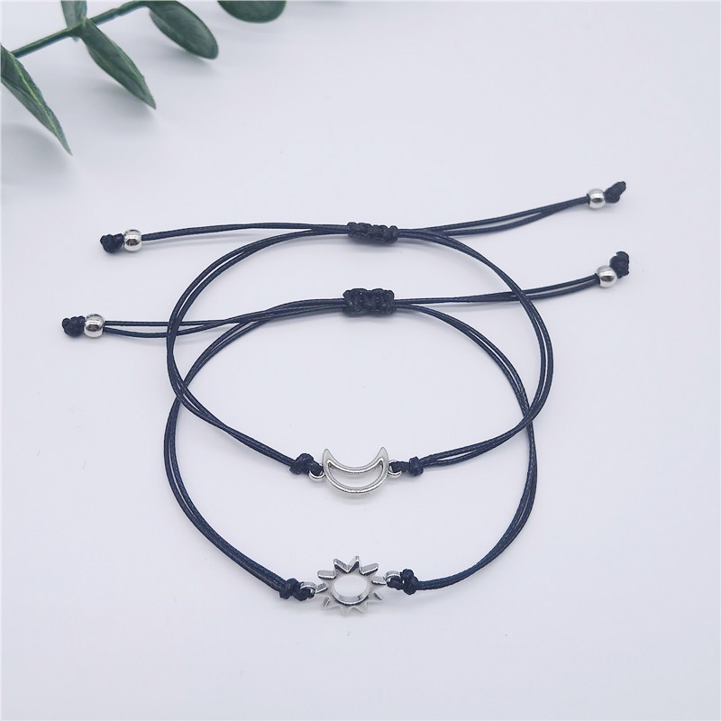 2pcs Gelang Couple Hitam Pasangan Adjustable Bulan Dan Matahari Gelang Persahabatan Tali Lilin Aksesoris Untuk Pria Dan Wanita