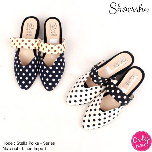 Fsb - Sepatu Mules Wanita(Stella Polka - White x Navy)