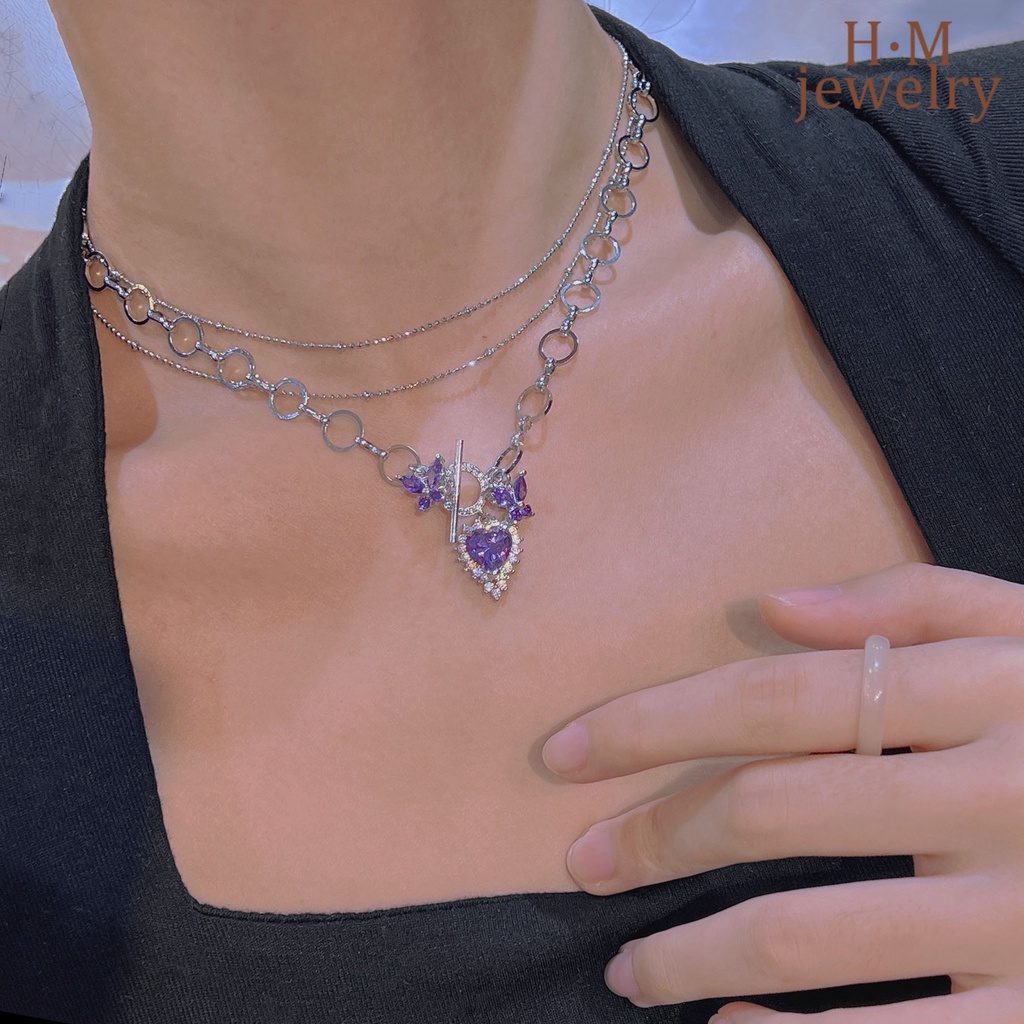 Kalung Double Layer Desain Kupu-Kupu Warna Ungu