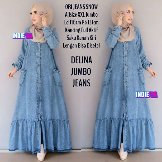 (RESTOCK)MAXI DRESS GAMIS DELINA JUMBO NAVYJEANS BY INDIE'RA // GAMIS BAHAN ORI JEANS SNOW