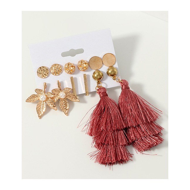 LRC Anting Set Fashion Gold Fringed Maple Leaf Round Earring Set F50573