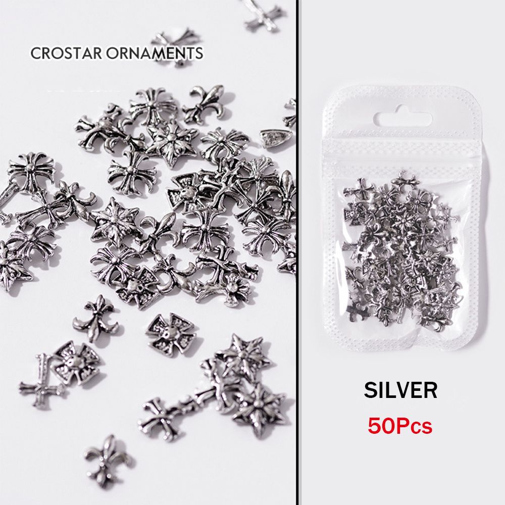 MXBEAUTY Mixed Cross Metal Rivet Silver DIY Nail Art Decorations 3D Nail Rivets Gold Charm Manicure Accessories 50Pcs/Pack Punk Style Vintage Nail Studs Jewelry/Multicolor