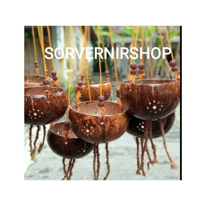 pot bunga batok kelapa ukir gantung