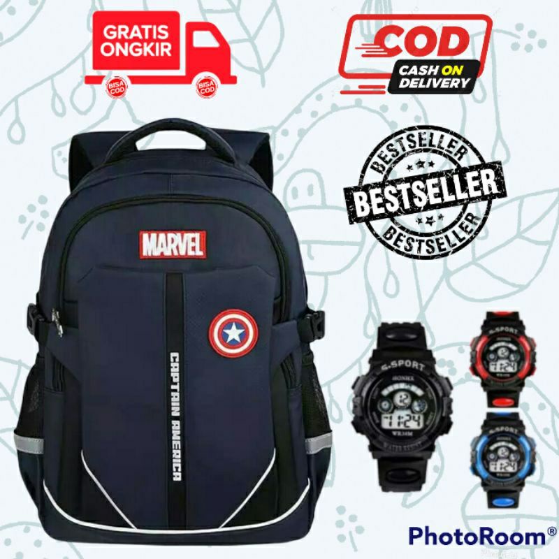 Best Free jam Tas Ransel backpack anak sekolah  Ransel anak laki-laki Ransel anak murah Marvel