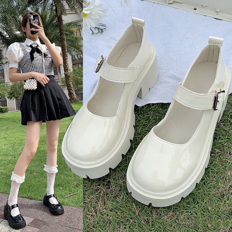 Sepatu Mary Jane Hak Tahu Wanita Import Murah Kulit Putih Hitam 6cm Chunky Block Heels Black White Platform Shoes - Ukuran 35 36 37 38 39 40