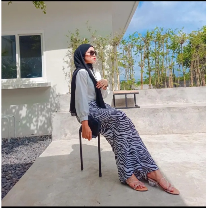 Yumyum Celana Panjang Wanita HW Full Karet Tali Kulot Zebra High Waist Motif Sapi Kekinian Korea Ter