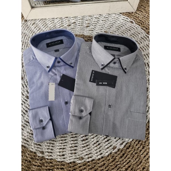 kemeja alisan lengan panjang slim fit katun motif salur