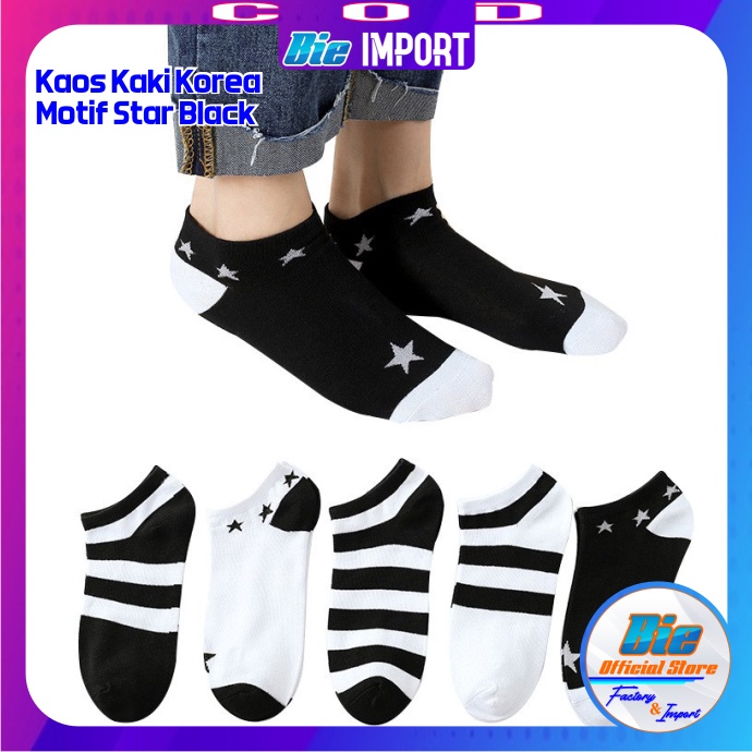 Kaos Kaki Korea Wanita Motif Black Star Impor Best Seller