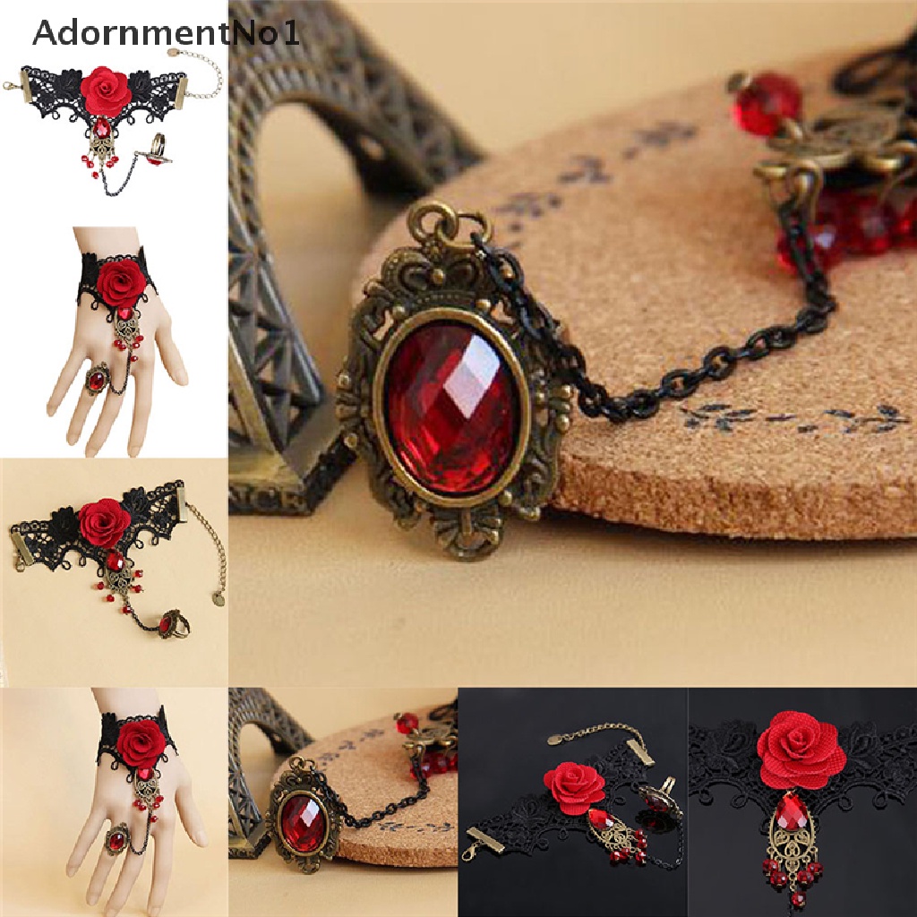 (AdornmentNo1) Gelang Tangan Lace + Cincin Adjustable Motif Bunga Mawar Merah Gaya Gothic Untuk Wanita