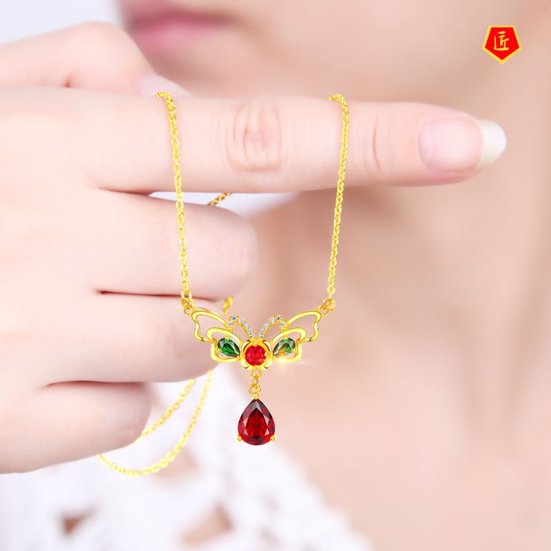 [Ready Stock]Golden Butterfly Necklace Women's Luxury Fashion Inlaid with Colored Jewels