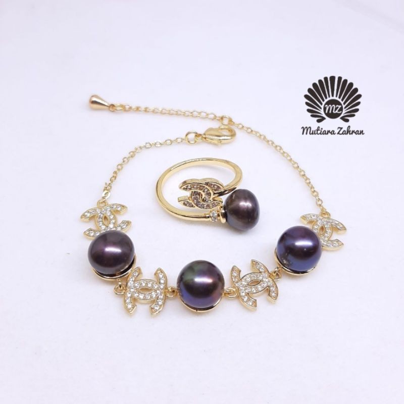 Gelang Serut  Dan Cincin Chanel Mutiara Hitam// Mutiara Lombok// Mutiara Air Tawar