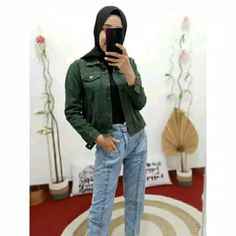 JAKET LEPIS CEWEK  JAKET JINS WANITA JAKET DENIM JAKET JEANS PEREMPUAN MURAH STANDAR JUMBO-Army