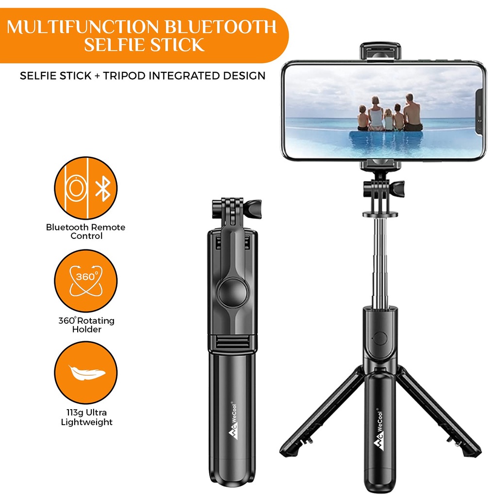 WeCool  S1 Bluetooth Extendable Selfie Sticks Tongkat Selfie Bluetooth yang Dapat Diperpanjang dengan Remote Nirkabel dan Tripod Stand 3-in-1 Multifungsi Selfie Stick dengan Tripod Stand Kompatibel dengan iPhone dan all phones