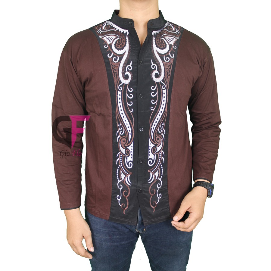 GIOFLO Baju Koko Kekinian Bordir Panjang Brown / KKL 17