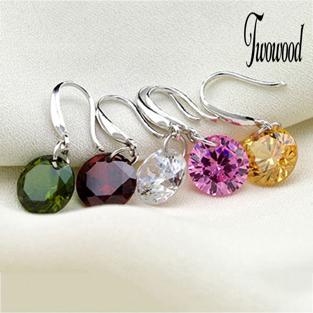 Anting Hook Silver Plated Bentuk Bulat Aksen Berlian Imitasi Untuk Wanita