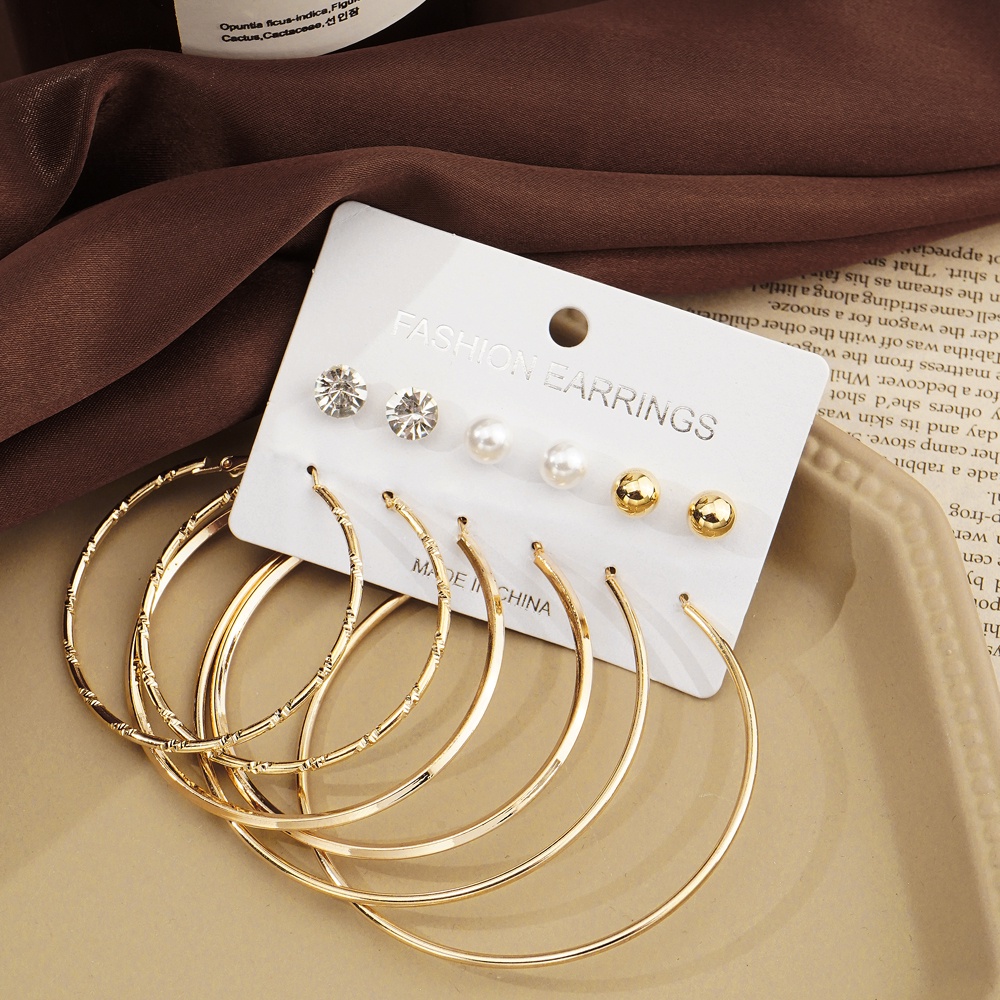 6 Pasang / Set Anting Hoop Bentuk Lingkaran Bahan Metal Warna Emas Gaya Klasik Untuk Wanita