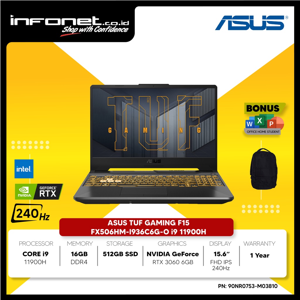 ASUS TUF GAMING F15 FX506HM-I936C6G-O i9 11900H 16GB 512GB PCIe RTX3060 15.6" FHD IPS 240Hz W10 OHS 